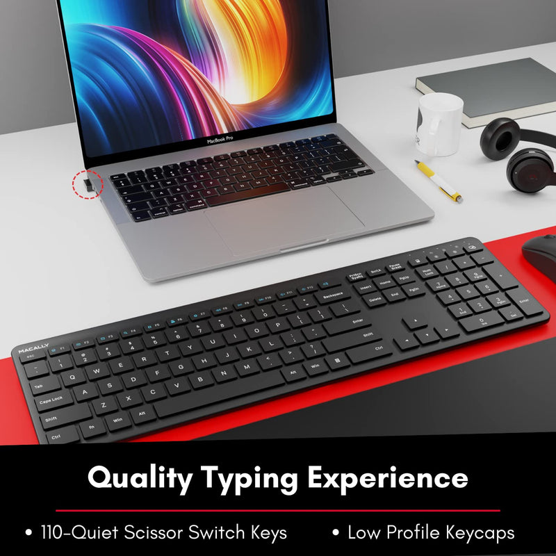 [Australia - AusPower] - Wireless Keyboard, Macally 2.4G Low Profile Ergonomic Computer Keyboard Wireless with Numeric Keypad, Full Size Keyboard for Laptop, Desktop, PC, Windows, Surface, TV with 110 Keys and Rechargeable 