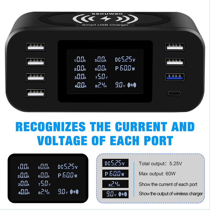 [Australia - AusPower] - USB Charger, ssouwao 60W/12A-8 Ports Desktop USB Charging Station with LCD Display, QC 3.0 & USB C Charger Hub Wireless Charger for iPhone 12 Pro Max XS, iPad Pro Air Mini, Samsung, Tablet and More Black 