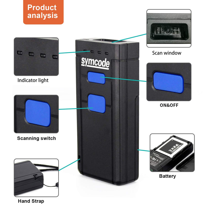[Australia - AusPower] - Symcode 2D QR Bluetooth Barcode Scanner, 1D 2D Mini Wireless Handheld CMOS Barcode Scanner Reader with Bluetooth 4.0 & 2.4G Wireless Connection, Portable Barcode Reader Compatible for QR PDF417 Dat 2D Barcode Scanner 