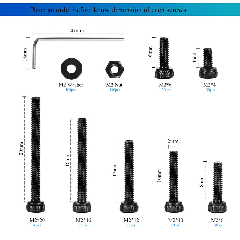 [Australia - AusPower] - HanTof 410Pcs Fully Threaded Machine Screws Bolt M2 x 4/6/8/10/12/16/20mm,Small/Tiny/Micro Hex Socket Head Cap Screws Nuts and Flat Washers Assortment Kit with Hex Wrench，Black 12.9 Grade Alloy Steel 410Pcs M2 Socket Cup Head Screw-12.9 