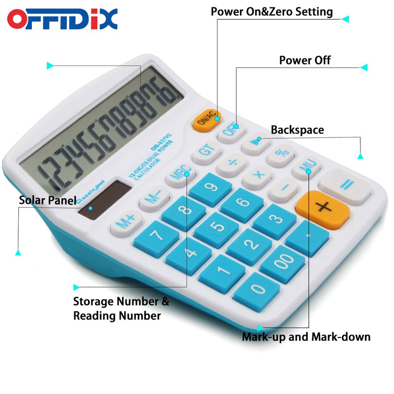 [Australia - AusPower] - OFFIDIX Desktop Calculator 12 Digit Large LCD Display Calculator Office Desk Calculator, Dual Power Electronic Calculator (Sky Blue) Sky Blue 