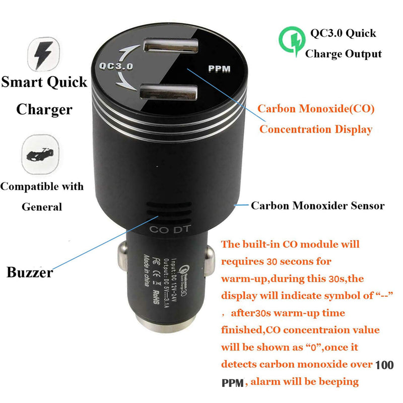 [Australia - AusPower] - Multi-Function Car Carbon Monoxide Detector, Fast Car Charger, Quick Charge 3.0 Adapter with Dual QC3.0 USB Ports, CO Alarm Detector in Car with LCD Digital Display(Black) 