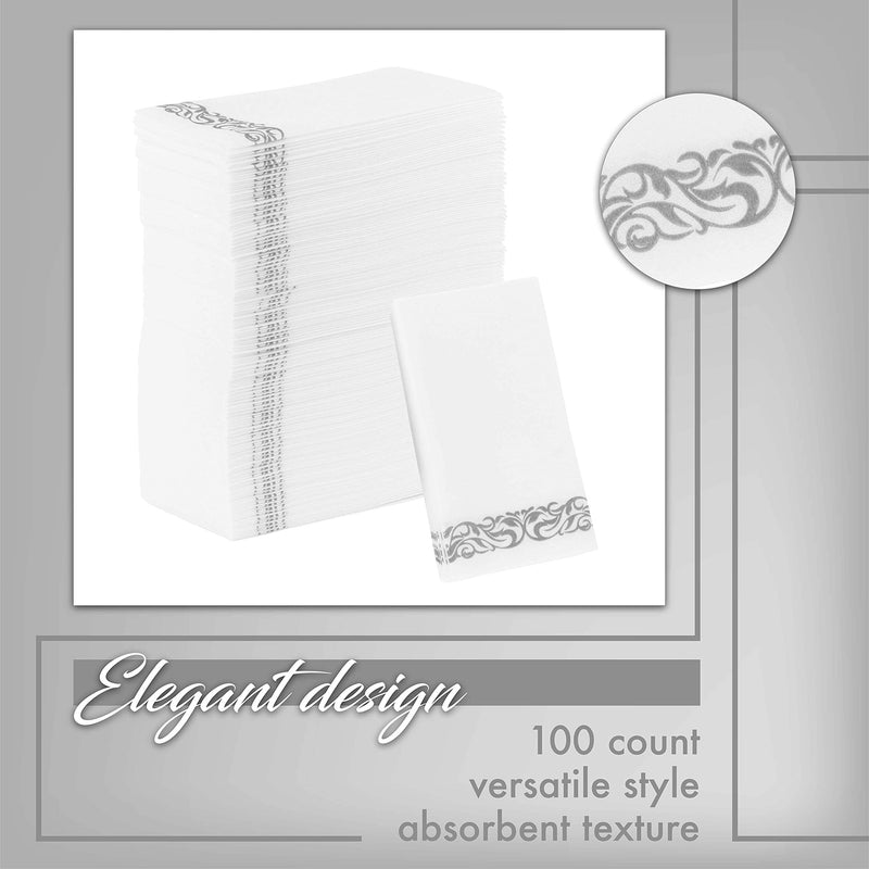 [Australia - AusPower] - PARTY BARGAINS Disposable Linen-Feel Paper [100 Pack] White with Silver lace Guest Towels. Durable & Decorative Cloth-Like Soft Bathroom Hand Napkins for Dinner, Wedding or Cocktail Party 13x16 Inch (Pack of 100) 