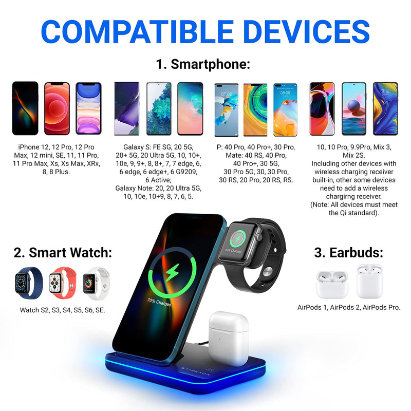 [Australia - AusPower] - Wireless Charger 3 in 1 15W Fast Wireless Charging Station Compatible with iWatch 6 5 4 3 2 AirPods Pro 2 Compatible with iPhone 12 11 Series XS MAX XR XS X 8 Plus QC3.0 Adapter is Included 