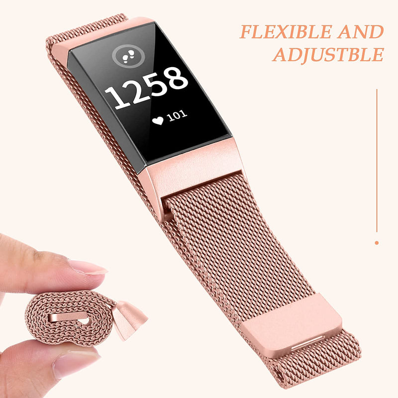 [Australia - AusPower] - XFYELE Metal Mesh Stainless Steel Watch Band Compatible with Fitbit Charge 4/ Charge 3/ Charge 3 SE Smart Watch, Adjustable Magnetic Clasp Sport Watch Straps for Women Men Pink Gold Large 