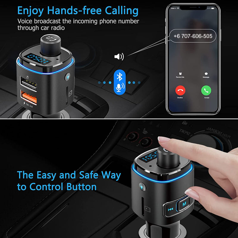 [Australia - AusPower] - Nulaxy Bluetooth FM Transmitter for Car, 7 Color LED Backlit Bluetooth Car Adapter with QC3.0 Charging, Support Siri Google Assistant, USB Flash Drive, microSD Card, Handsfree Car Kit (B- Black) 
