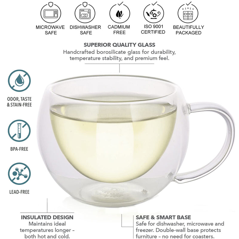 [Australia - AusPower] - Teabloom Modern Classic Insulated Cups – 6 oz / 200 ml – Set of 4 Double Walled Glass Cups for Tea or Coffee 4 Count (Pack of 1) 