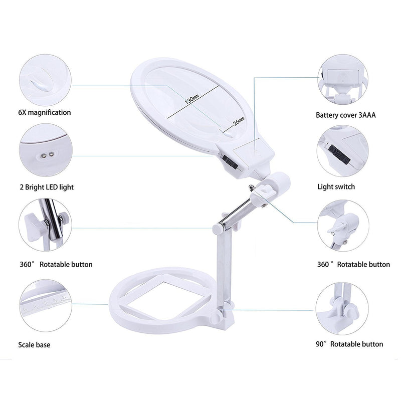[Australia - AusPower] - Large Magnifier Folding & Hand held 2LED Light Lamp Jumbo 5.5 Inch Lens - Best Hands Free Magnifying Glass for Reading and Jewelry Design etc 