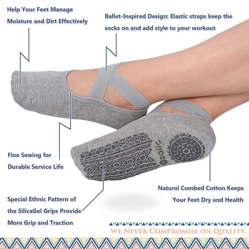 [Australia - AusPower] - Ozaiic Yoga Socks for Women Non-Slip Grips & Straps, Ideal for Pilates, Pure Barre, Ballet, Dance, Barefoot Workout 2p- Black/Gray 