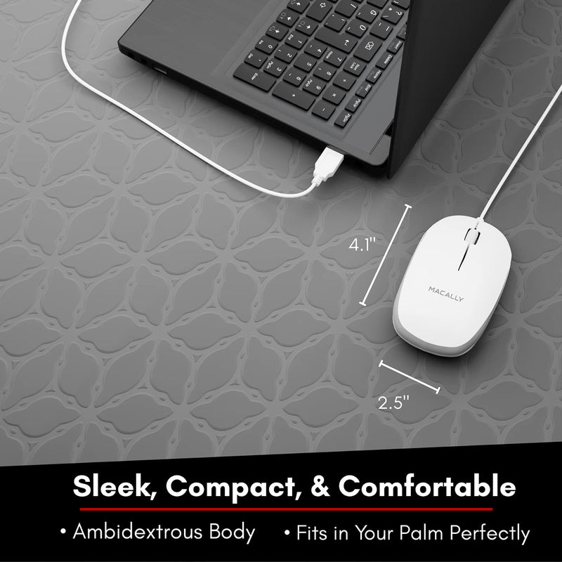 [Australia - AusPower] - Macally USB Wired Mouse for Mac and Windows - Simple 3 Button Computer Mouse Wired, Scroll Wheel Layout with 5ft Cord - Simple Plug and Play USB Mouse for Laptop, Desktop, Notebook - White 