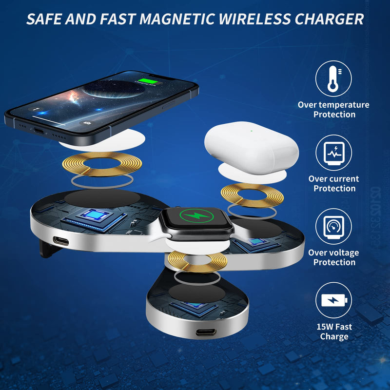 [Australia - AusPower] - 3 in 1 Detachable Magnetic Wireless Charger, 15W Fast Wireless Charging Station for iPhone 13/12, Foldable Wireless Charger Stand Compatible with iWatch SE/6/5/4/3/2 and Airpods Pro/2(Sliver) sliver 