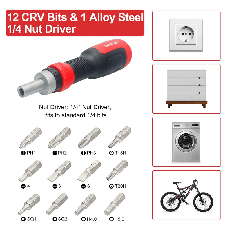 [Australia - AusPower] - SHARDEN Ratchet Screwdriver 13-in-1 Ratcheting Screwdriver Set Multi Screwdriver Tool All in One with Torx Security, Flat Head, Phillips, Hex, Square and 1/4 Nut Driver Multibit Ratcheting Red 