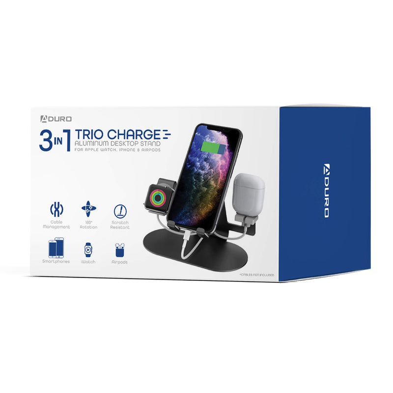 [Australia - AusPower] - Aduro Trio Charge 3 in 1 Aluminum Charging Stand for Apple Phone, iPad, Apple Watch Series 4/3/2/1, & Airpods Charger Station Dock Black 