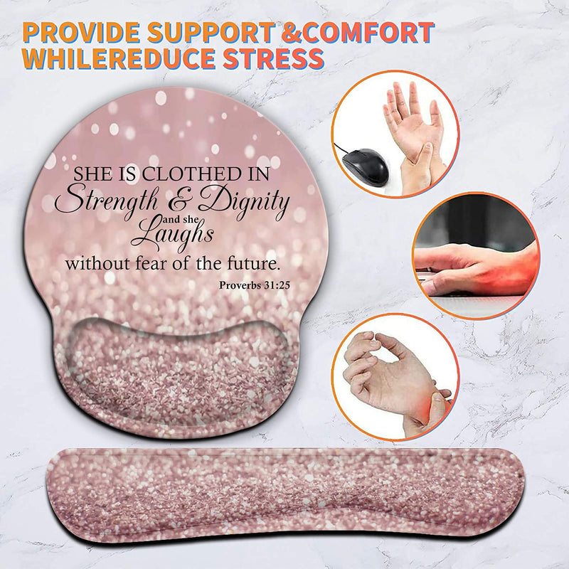 [Australia - AusPower] - Ergonomic Mouse Pad Wrist Support Gel and Keyboard Wrist Rest Set for Laptop, Mac, Gaming and Office, Durable, Comfortable and Pain Relief + Coaster, Proverbs 31:25,Bible Verse Pink Glitter 
