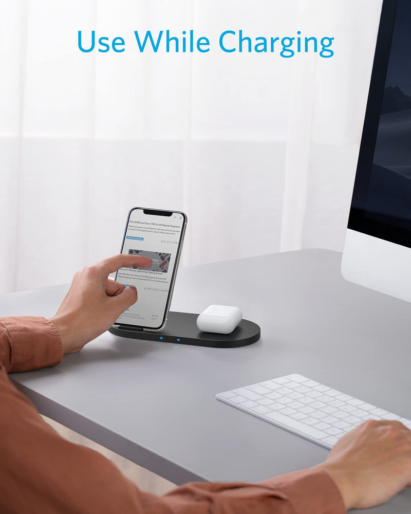[Australia - AusPower] - Anker Wireless Charging Station, PowerWave Sense 2-in-1 Station with 5 ft USB-C Cable, For iPhone 12 / 12 Pro / 12 Pro Max / 12 mini / 11 / SE 2020, Samsung, AirPods and More (Adapter Not Included) 