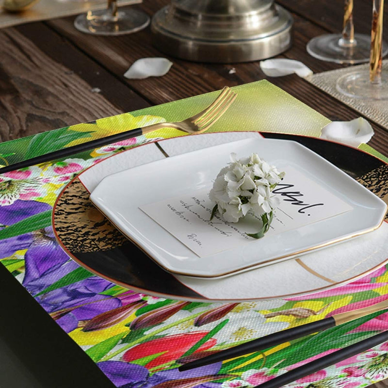 [Australia - AusPower] - Vdsrup Spring Tulips Flowers Placemats Set of 4 Summer Daffodils Daisy Florals Table Mats Burlap Placemat Washable Non-Slip Heat Resistant Place Mats for Party Kitchen Dining Decorations 12 X 18 Inch 4PCS 