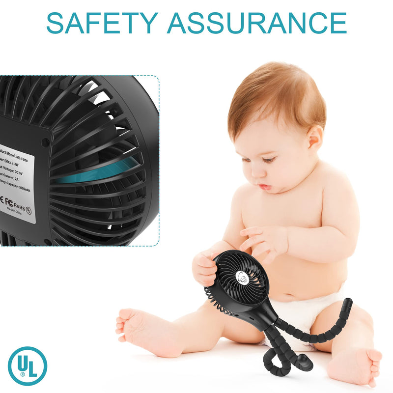 [Australia - AusPower] - Auto Oscillating Stroller Fan, Battery Operated Fan, Portable Fan with Flexible Tripod, Ultra Quiet USB Desk Fan for Stroller/Car Seat/Treadmill/Camping/Hurricane/Outage, Black 