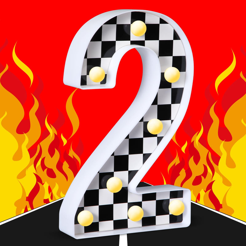 [Australia - AusPower] - Maxcheck Racing Car Light up Numbers Black and White Checkerboard Print Decorative LED Light Number Sign Race Car Theme Birthday Party Decorations Checkered Flag Party Supplies(Number 2) Number 2 