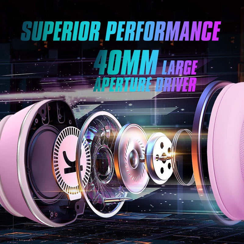[Australia - AusPower] - Mokata Gaming Bluetooth 5.0 Wireless Headphones Over Ear Cat LED Light Foldable Music Headset with AUX 3.5mm Microphone (Built-in) for Adult & Kids PC TV Game Music Pad Laptop Cellphone Pink Bluetooth Wireless 