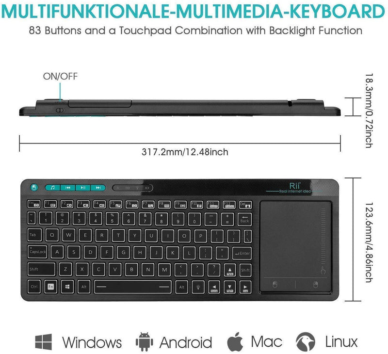 [Australia - AusPower] - Rii K18 Plus Wireless 3-LED Color Backlit Multimedia Keyboard with Multi-Touch Big Size Trackpad,Rechargable Keyboard for Android TV Box,PC,Smart TV,Xbox,Raspberry Pi, HTPC IPTV,Windows, MacOS 2.4GHz 