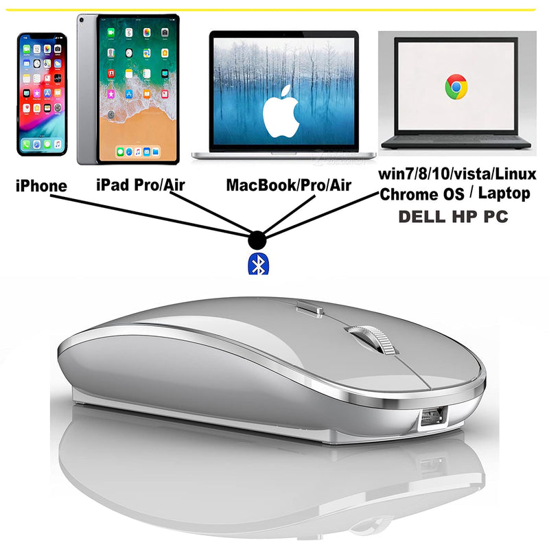 [Australia - AusPower] - Bluetooth Mouse Wireless Bluetooth Mouse for iPad pro iPad Air Mac MacBook Pro MacBook Air Laptop Chromebook Windows HP DELL (Silver) SILVER 