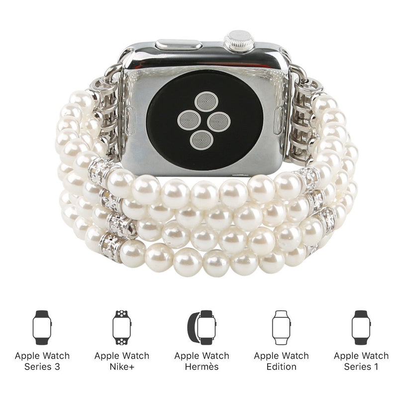 [Australia - AusPower] - GEMEK Compatible with Apple Watch Band 38mm 42mm Women iWatch Bands Series 7/6/5/4/3/2/1, Handmade Beaded Elastic Stretch Pearl Bracelet Replacement Strap for Girls Wristband White 38mm/40mm/41mm 
