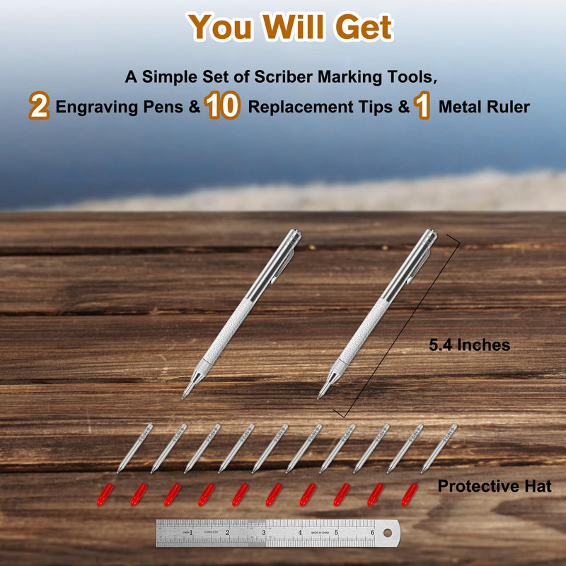 [Australia - AusPower] - Ofasixx 2 Pack Tungsten Carbide Tip Scriber Tool with 10 Refills and 1 Ruler, Metal Scribe Scriber Marking Tools with Magnet, Premium Etching Engraving Pen for Glass/Wood-Working/Metal Sheet/Leather 