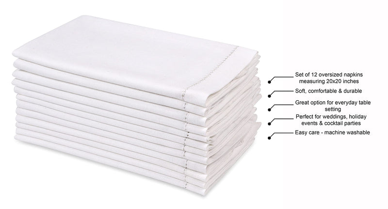 [Australia - AusPower] - Hausattire Cloth Dinner Napkins in Cotton Flax Fabric with Hemstitched Detailing & Mitered Corners - 20x20 Inches (Set of 12, White) 20x20 - Hemstitched 