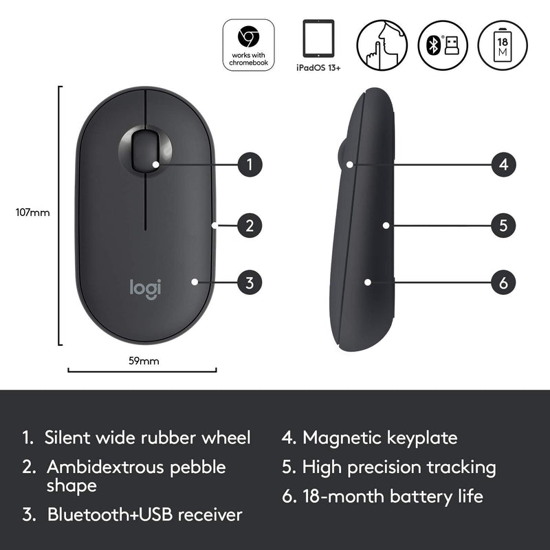 [Australia - AusPower] - Logitech Pebble M350 Wireless Mouse with Bluetooth or USB - Silent, Slim Computer Mouse Certified Works with Chromebook - Graphite 