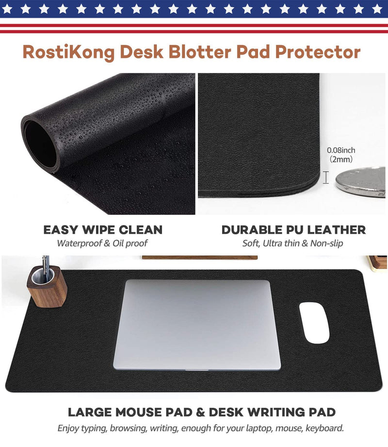[Australia - AusPower] - RostiKong Desk Mat Dual Use Office Desk Pad on Top of Desks PU Leather Desk Blotter Protector Computer Laptop Keyboard Writing Mouse Pad Waterproof Decorative Desk Cover Protector (16'' x 32'' Black) 16'' x 32'' Black + Black 