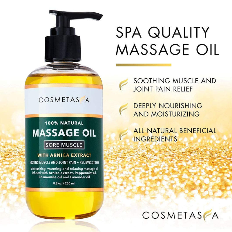 [Australia - AusPower] - Cosmetasa Sore Muscle Massage Oil with Deep Tissue Massager - Thumb Saver and Oil Soothes Muscle and Joint Pain with Arnica Extract, Peppermint, Chamomile, and Lavender Oil 8.8 Fl Oz 
