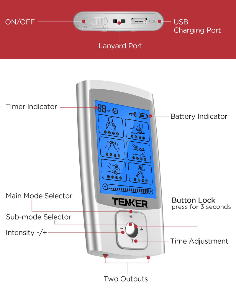 [Australia - AusPower] - TENKER TENS EMS Unit Muscle Stimulator, 24 Modes TENS Machine for Pain Relief & Muscle Strength Rechargeable Electronic Pulse Massager(Not Fit TENKER Square Pads) 