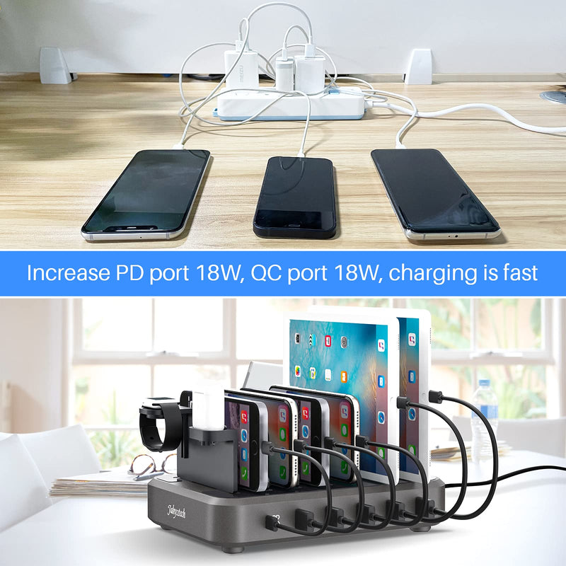 [Australia - AusPower] - Jahy2Tech Charging Station for Multiple Devices 60W/12A PD USB-C Power Delivery and QC 3.0 Charger Station Organizer 6 Short Mixed USB Cables for iOS & Android Phones,iPad,Tablets (7 Cables Included) 