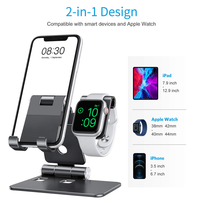 [Australia - AusPower] - Foldable Apple Watch Stand - OMOTON Portable Aluminum 2 in 1 Charging Stand Holder Dock for Nightstand, Designed for Apple Watch, Compatible with All iPhone and Android Phones, Black 