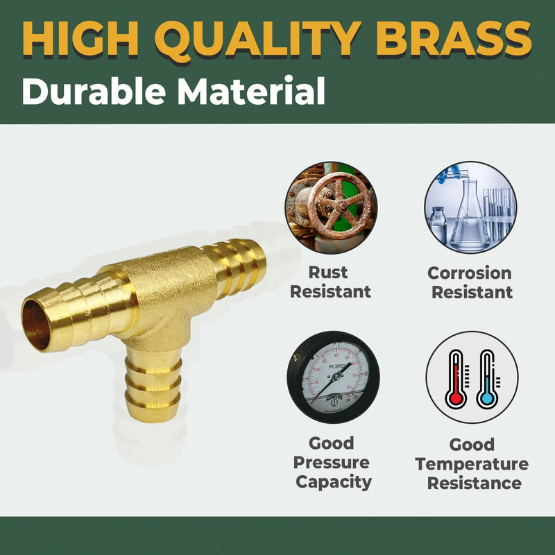 [Australia - AusPower] - LIONMAX Brass Hose Barb Tee Fittings 3 PCS, 5/8" x 5/8" x 5/8" ID Hose Barb, 3 Way Union Barb T Fitting, with 9 Hose Clamps, for Water/Fuel/Air 