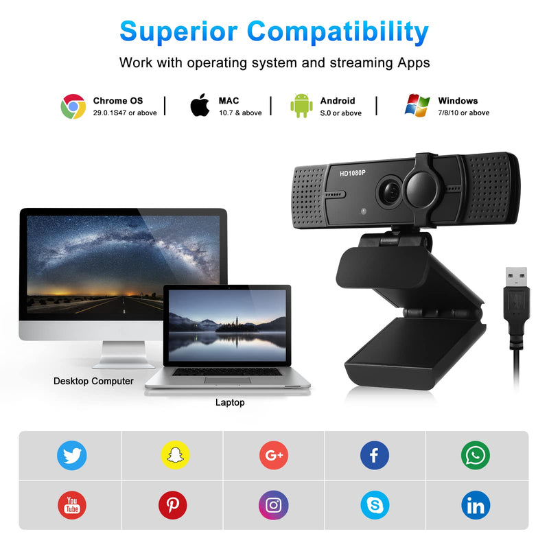 [Australia - AusPower] - Webcam with Microphone, No Distortion Privacy Cover 1080P USB Camera Plug Play Mic Full Ultra HD Web Camera Video Cam Calling Conferencing Streaming for PC/Desktop/Computer/Mac/Laptop/MacBook Black 