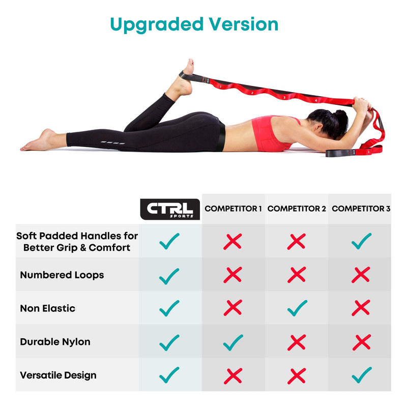 [Australia - AusPower] - Stretching Strap with Loops - Non Elastic Stretch Band for Physical Therapy, Yoga Strap for Stretching Equipment, Stretch Bands for Exercise and Flexibility - Fascia, Hamstring & Leg Stretcher Belt 10 Loops - Red 