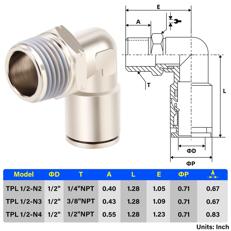 [Australia - AusPower] - TAILONZ PNEUMATIC Elbow 1/2 Inch Tube OD x 1/2 Inch NPT Thread Push to Connect Fittings Copper Nickel Plating TPL-1/2-N4 (Pack of 2) 1/2"OD-1/2"NPT 
