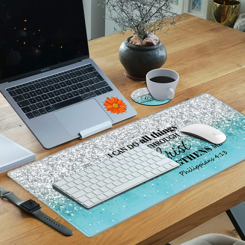 [Australia - AusPower] - Desk Mat Gaming Mouse pad for Laptop Computer,Blue Flash Bible Pattern Customized Design Desk pad, Home Office Accessories, with Coasters & Cute Stickers Christ Bible 4:13 Quote 