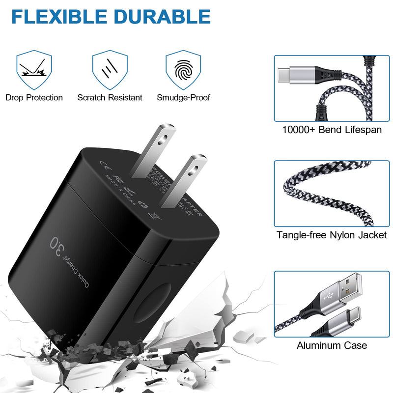 [Australia - AusPower] - Android Charger Fast Charging, 18W Fast Wall Charger with 3ft USBC Charge Cable Compatible with LG K92 5G K62 K52 K42 Wing 5G Velvet 5G UW Stylo 6 5 4 Moto G Stylus/Power/Play Edge 20 Lite Defy (2021) QC Charger +3ft USBC Cable, Black 