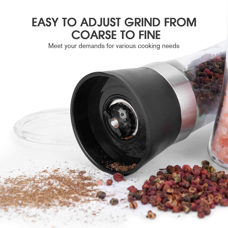 [Australia - AusPower] - Hotder Premium Pepper and Salt Grinder Set of 2-Refillable Coarseness Adjustable Pepper Mill Shaker with Glass Body Christmas Gift( Two Pack),(Not Include Salt and Pepper) 7.5 Tall 
