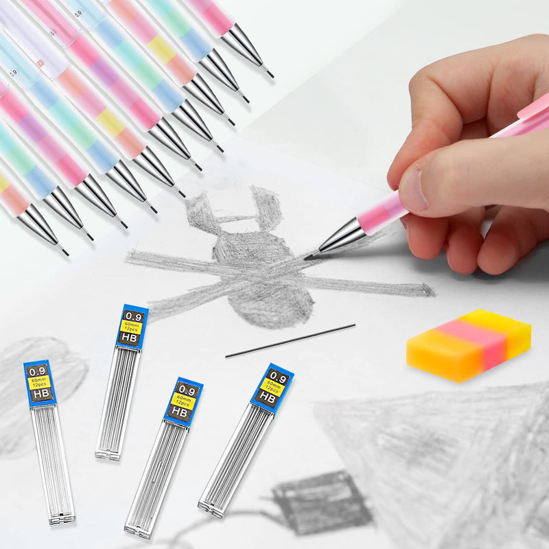 [Australia - AusPower] - 18 Pieces Mechanical Pencil Set Include 6 Pcs Fancy Mechanical Pencils 6 Tubes of 0.9 mm Refills 6 Pieces Jelly Erasers for Writing Draft, Drawing, Sketch, Architecture 