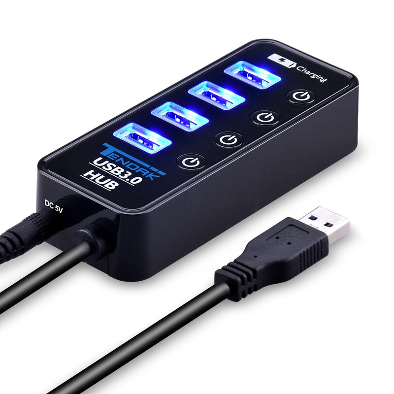 [Australia - AusPower] - USB 3.0 Hub, Tendak USB Hub with 4 USB 3.0 Data Ports + 1 USB Smart Charging Port and Power Supply Adapter with Individual On/Off Port Switches for PS4 Pro PS4 Slim Xbox One 