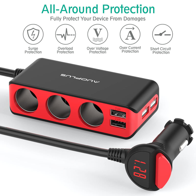 [Australia - AusPower] - AUOPLUS 120W 3 Socket Cigarette Lighter Splitter Car Charger Adapter, LED Voltage Display Dual 4 USB Chargers(6.8A), Car Charger On/Off Switches 12V for iPhone iPad Samsung GPS Dashcam black+red 