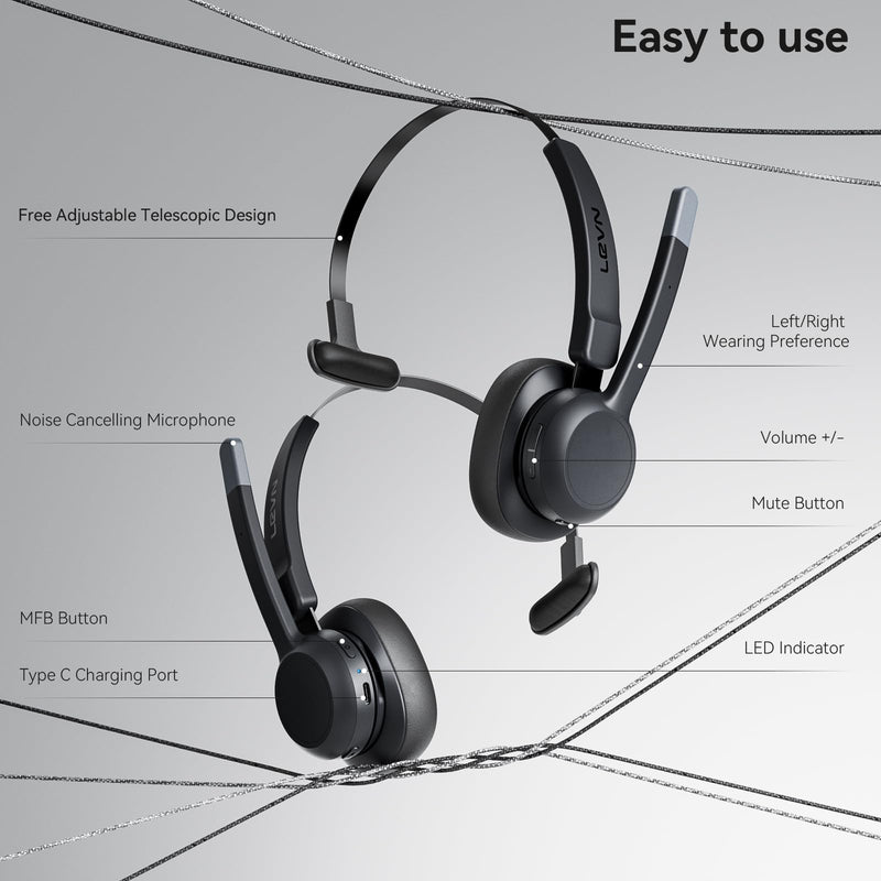 [Australia - AusPower] - LEVN Trucker Headset, Trucker Bluetooth Headset with Noise Cancelling Microphone & Mute Button, Bluetooth Headset 5.2 Multipoint for Work from Home/Cell Phone/Computer/Zoom/Teams/Truck Driver 
