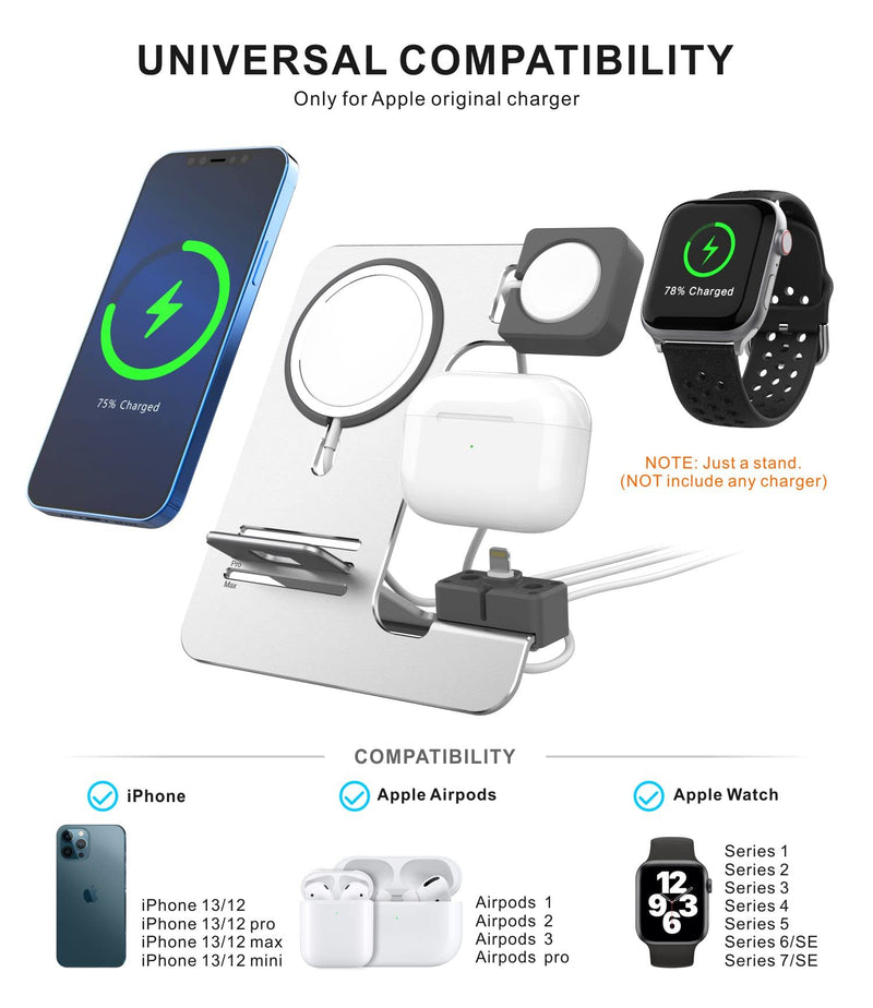 [Australia - AusPower] - Generetic, 3 in 1 Charger Stand, Aluminum Holder, Compatible with MagSafe Accessories for Apple Watch AirPodsPro iPhone 12ProMaxMini, Cell Phone Dock, Cradle, Holder Office Desk, Silver 