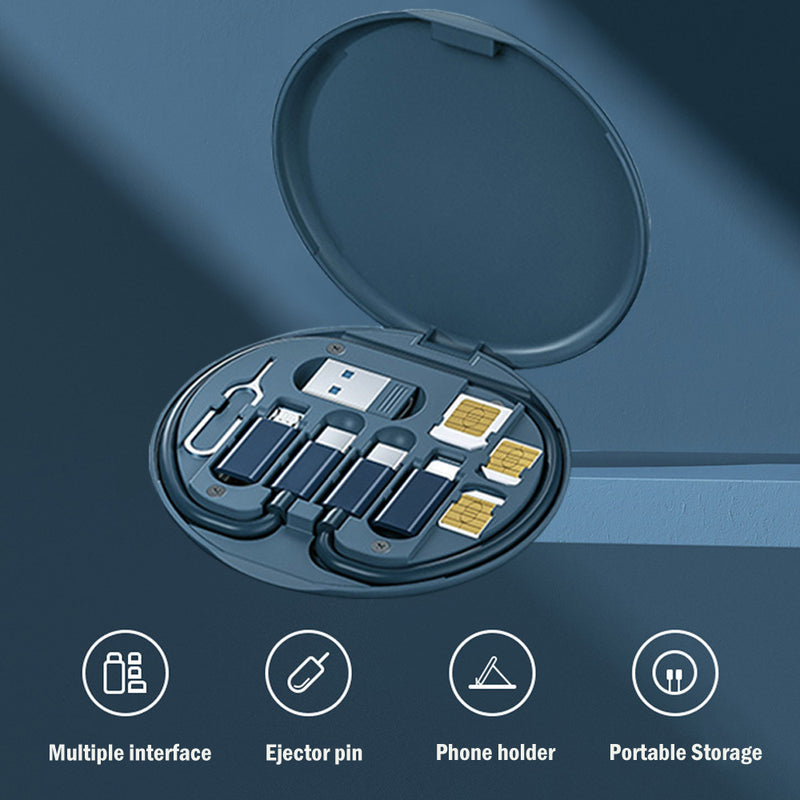 [Australia - AusPower] - USB Adapter Cable Conversion Storage Box, Multi-Type Charging Line Convertor Lightning Type C Micro Data Transfer Tool Contains Sim Card Slot Tray Eject Pin, Use as Phone Holder (Midnight Blue) Midnight Blue 