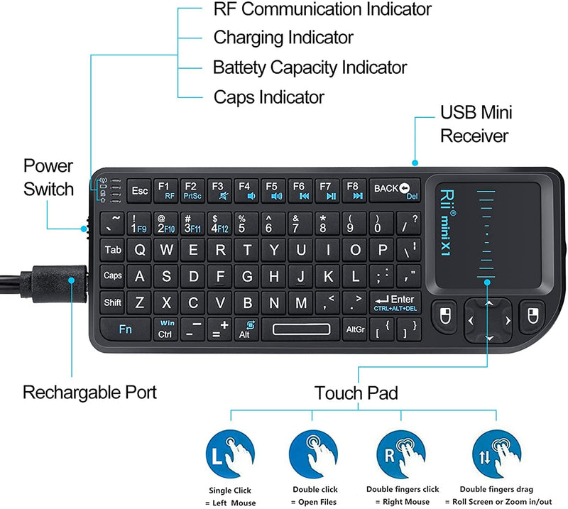 [Australia - AusPower] - Rii 2.4G Mini Wireless Keyboard with Touchpad Mouse,Lightweight Portable Wireless Keyboard Controller with USB Receiver Remote Control for Windows/ Mac/ Android/ PC/Tablets/ TV/Xbox/ PS3. X1-Black . 