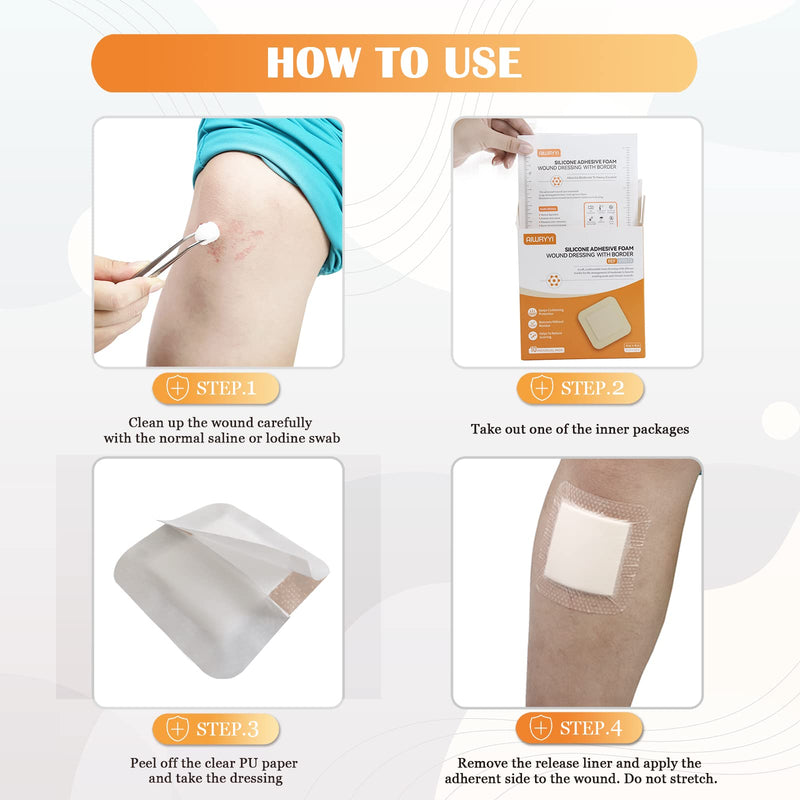 [Australia - AusPower] - Silicone Adhesive Foam Wound Dressing with Border, 4" X 4"(10 Individual Pack), Sterile, 5-Layer, Excellent Breathability Gel Pad for Pressure Ulcer, Leg Ulcer, Diabetic Foot Ulcer by Aiwryyi 