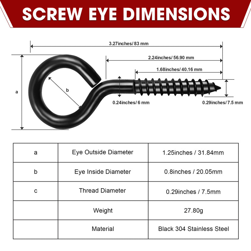 [Australia - AusPower] - 8Pcs Screw Eyes, 3.2 Inch Black Eye Hooks Screw Self Tapping Eye, Heavy Duty Eye Bolt for Wood Securing Cables Wire, Hammock Stand, Indoor & Outdoor Use (8PCS 3.2 Inch) 8PCS 